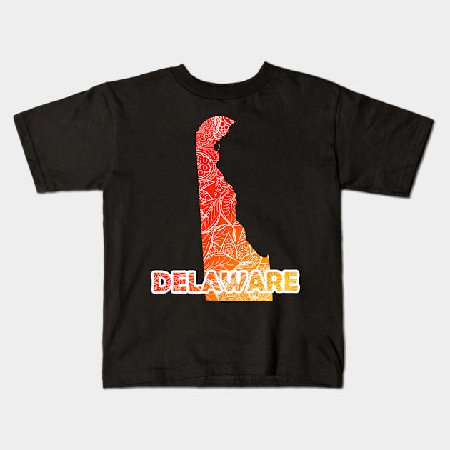 Colorful mandala art map of Delaware with text in red and orange Kids T-Shirt by Happy Citizen